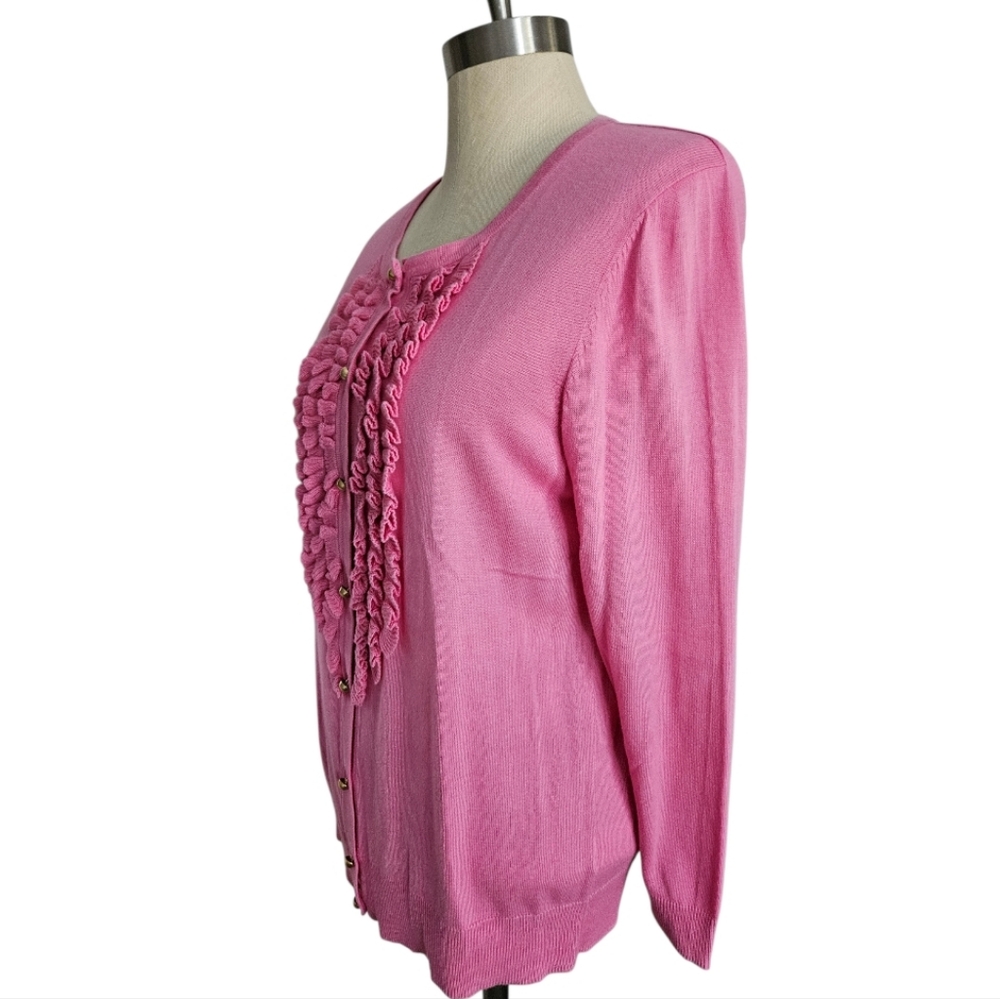 TALBOTS Pink Ruffle Front Gold Button Knit Cardigan | SZ M - Picture 4 of 7